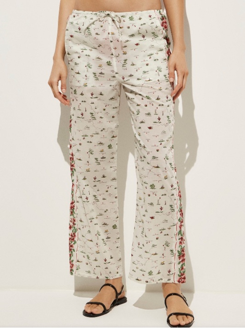 NWT J Crew Ivory Cotton Voile Beach Pants with Red Floral Side Trim - Picture 2 of 7